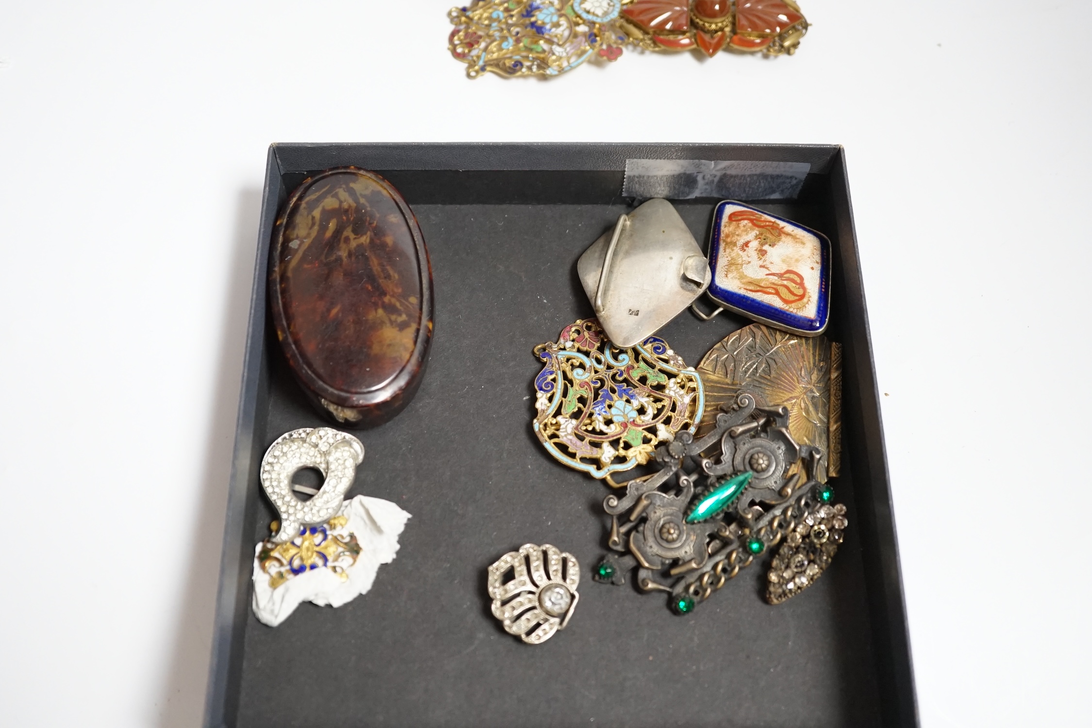 A collection of 20th century and later buckles including jet, Art Deco paste, Japanese Satsuma and two gilt metal and enamel examples